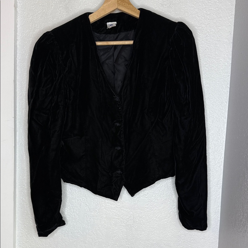 Vintage Black Velvet Cropped Jacket Bolero Button Front Dark Academia Romantic